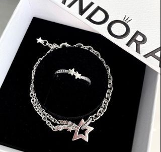 New pandora star edition silver bracelet with set of two stars ring in silver