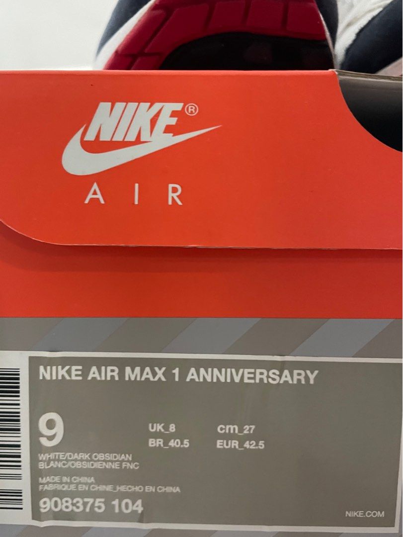 Mens Nike Air Max 1 Anniversary OG White/Dark Obsidian 908375-104