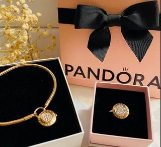 Pandora round logo claps bracelet in rosegold with set of rosegold logo ring