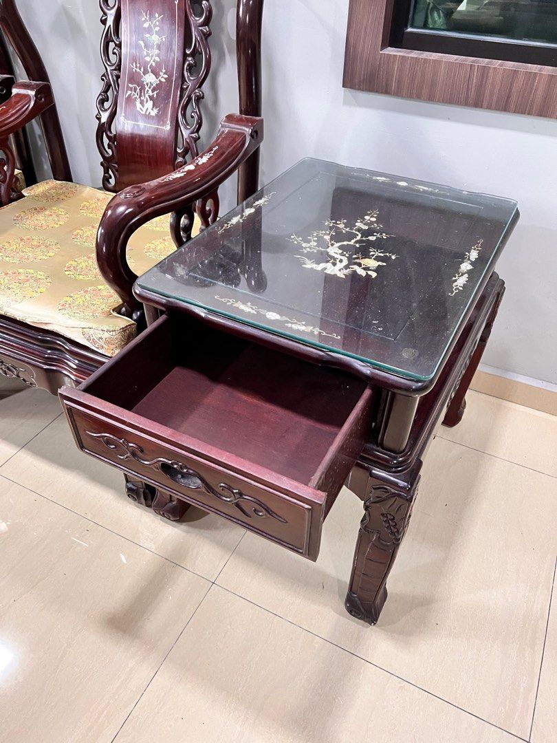 set sofa meja kayu antik rosewood antique table, furniture & home