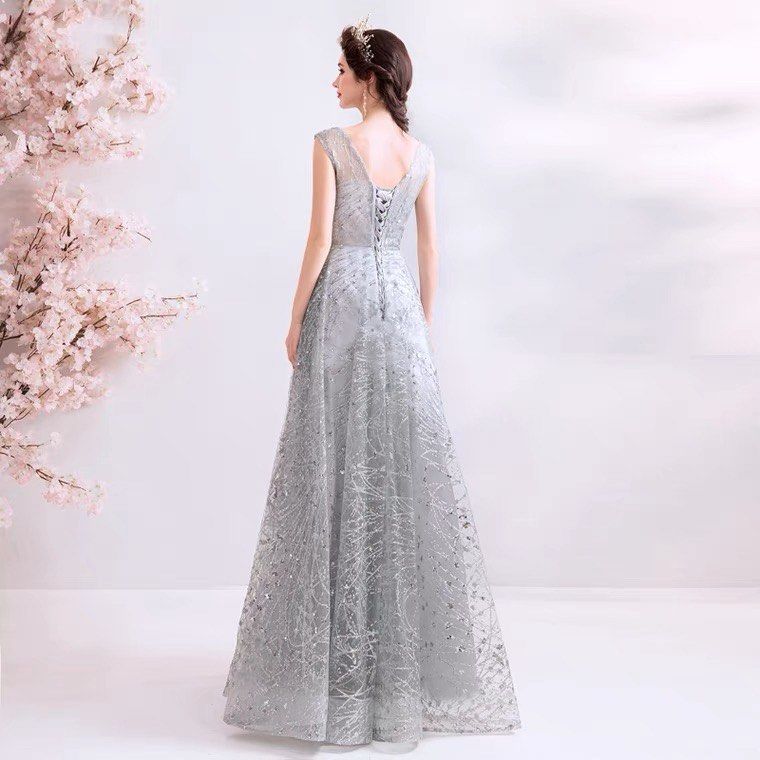 Silver Grey long dress Women s Fashion Dresses Sets Evening