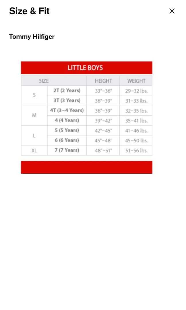 Tommy hilfiger boys size guide on sale