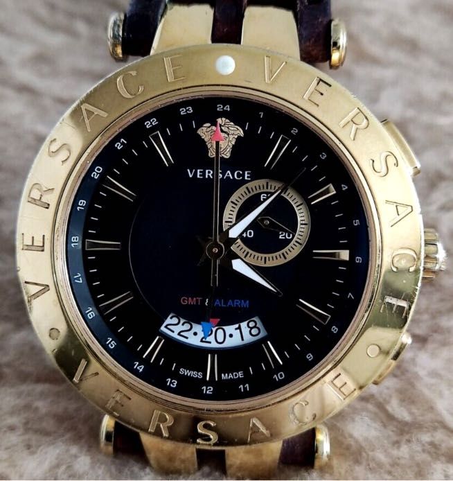 VERSACE V RACE ALARM 29G GOLD Plated Quartz 45.5mm MENS Watch 