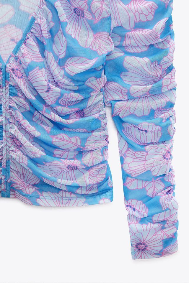 ZARA BLUE FLORAL TULLE TOP, Fesyen Wanita, Pakaian Wanita, Atasan di