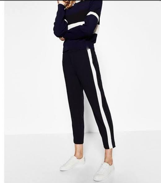 ZARA Side Striped Straight Fit Trousers in Blue and White, Women's Fashion,  Bottoms, Other Bottoms on Carousell