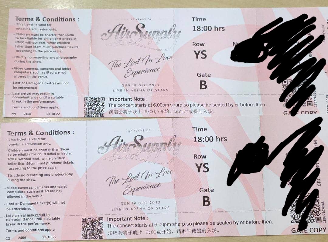 AIR SUPPLY TICKETS, Tickets & Vouchers, Vouchers on Carousell