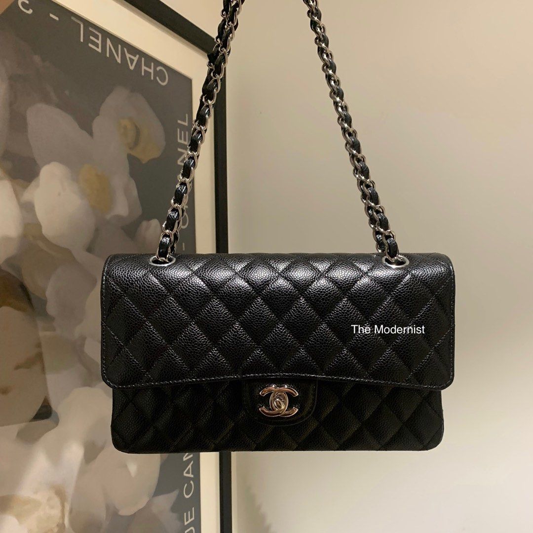 Authentic Chanel Medium Classic Double Flap Bag Black Grained Calfskin Silver  Hardware, Luxury, Bags & Wallets on Carousell