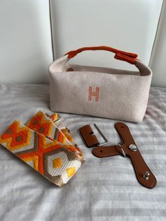 Hermes Bride-A-Brac Case PM Canvas Orange Burgundy Strap Pouch