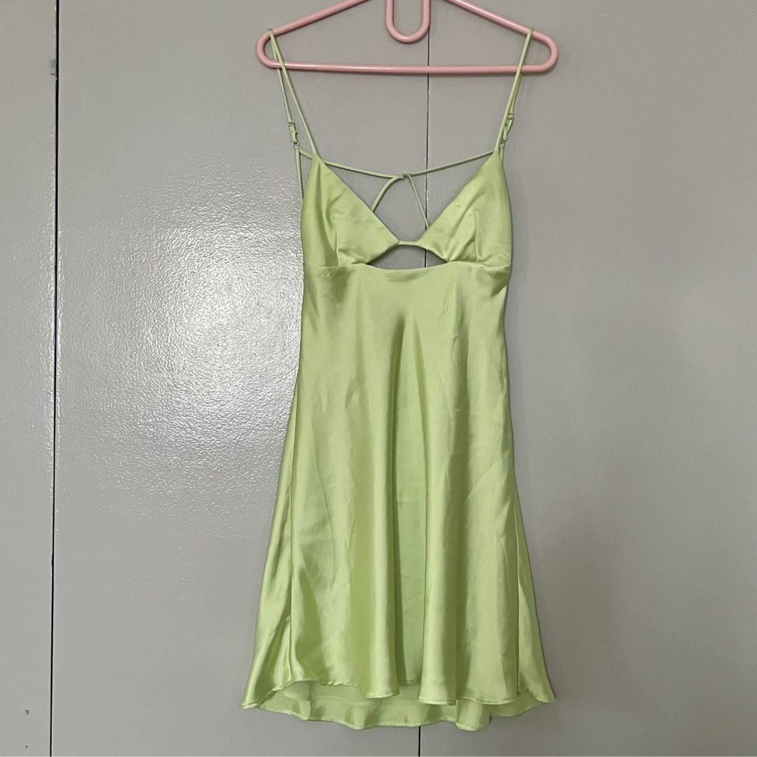 AUTHENTIC ZARA Green Mini Satin Slip Dress with cutout, Women's