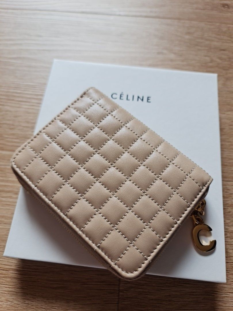 Celine Beige Quilted Calfskin Leather Coin and Card Pouch C Charm