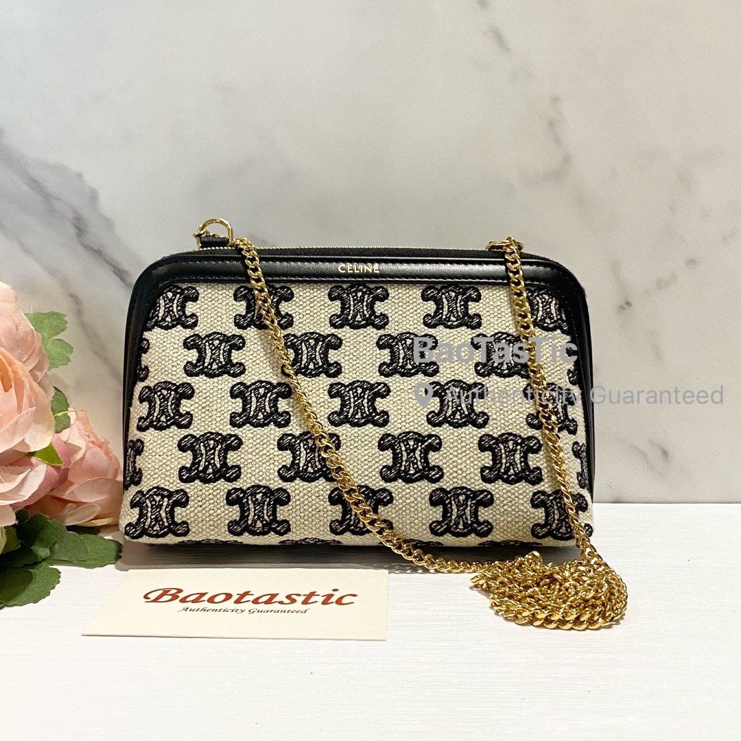 CELINE - CLUTCH WITH CHAIN IN TEXTILE WITH TRIOMPHE EMBROIDERY BLACK,  Women's Fashion, Bags & Wallets, Clutches on Carousell