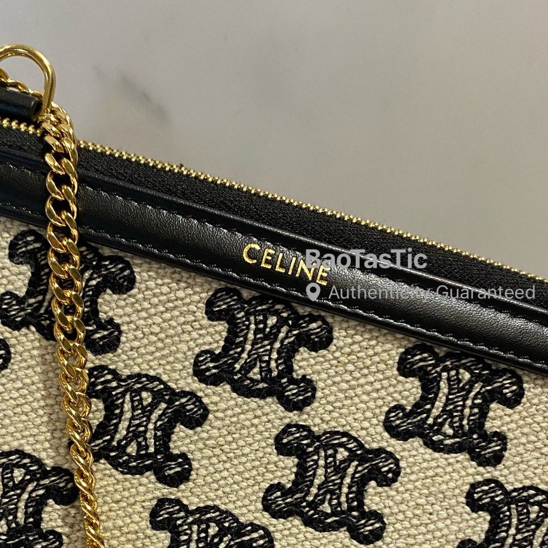CELINE Lambskin Triomphe Canvas Embroidered Logo Clutch With Chain