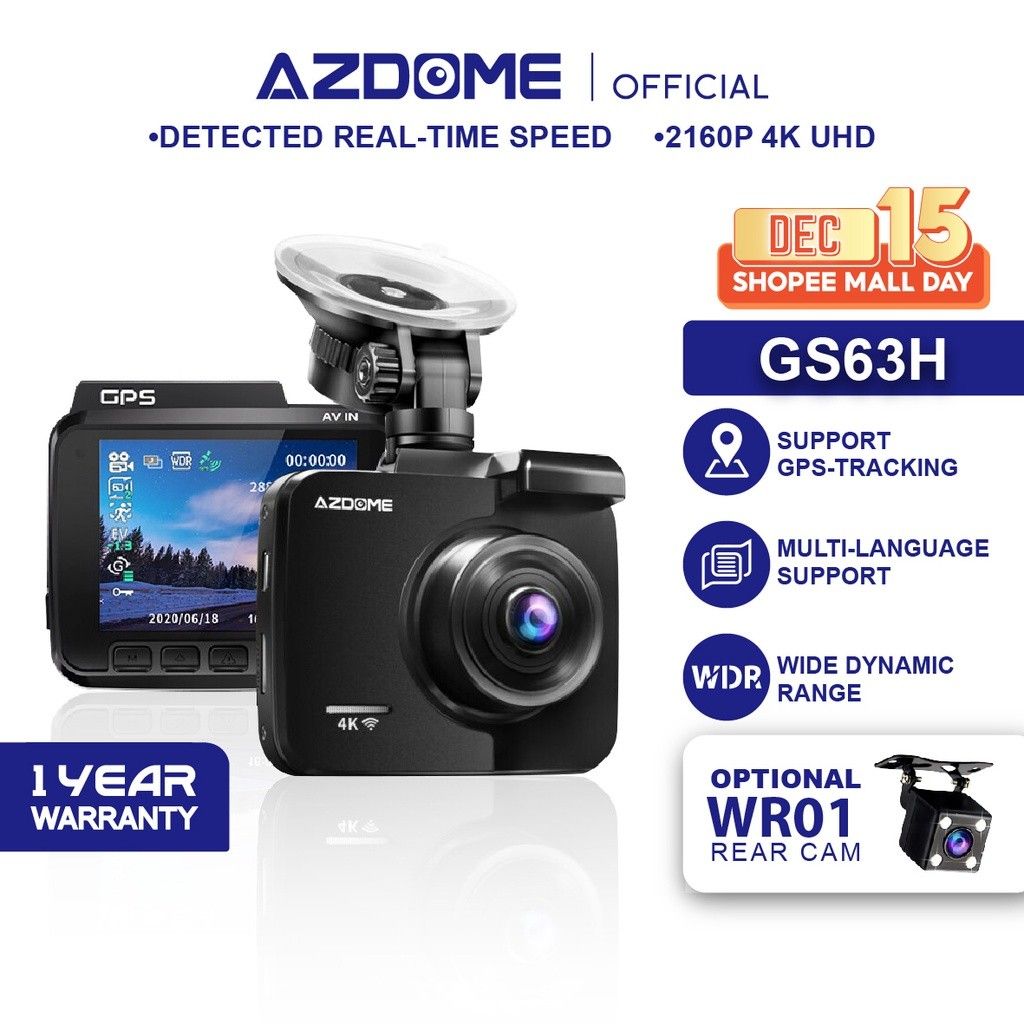 AZDOME GS63H Dashcam Dual Lens 4K Car Camera Built-In GPS Wi-Fi Front and  Rear Dash Cam G-Sensor Motion Detection