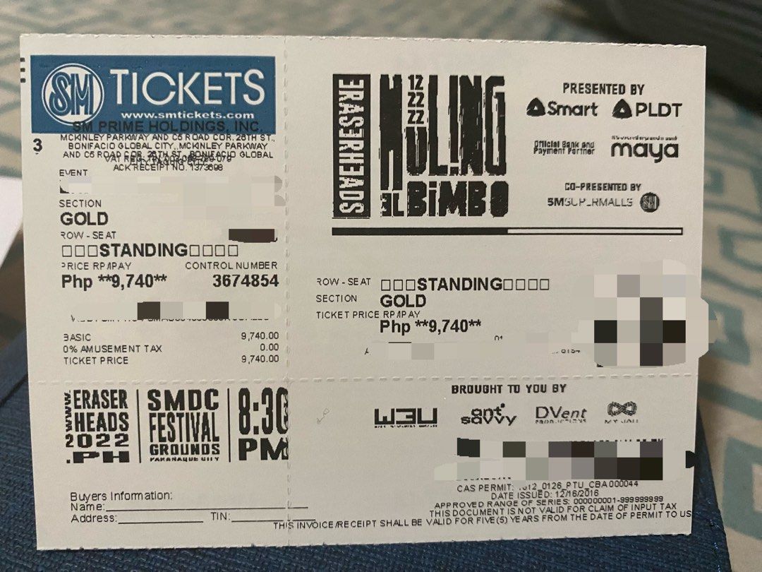 ERASERHEADS HULING EL BIMBO REUNION CONCERT GOLD TOCKET, Tickets
