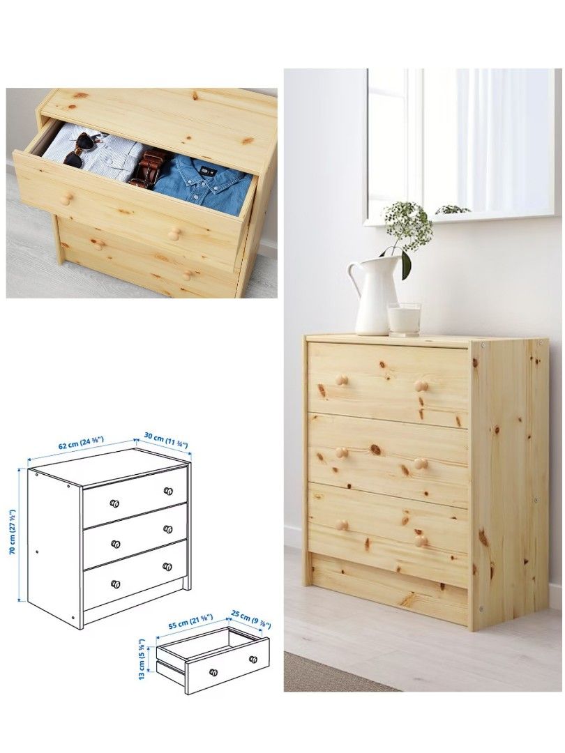 Ikea Bedroom Set of 3 (Bed frame, Chest of Drawers, Bedside table