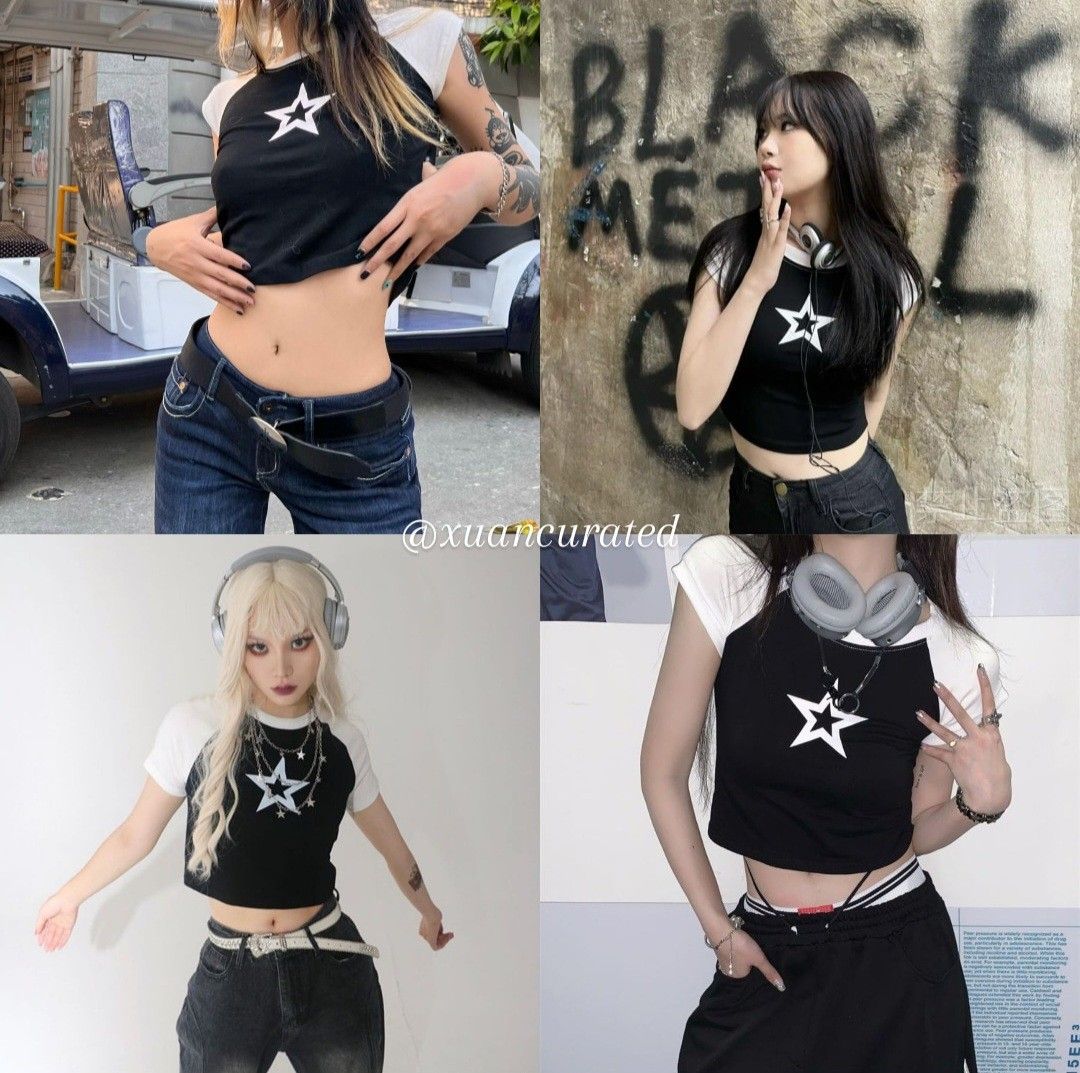 Women's Grunge Star Printed Drawstring Crop Top – Punk Design