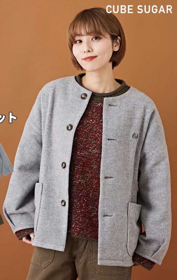 Japan CUBE SUGAR Plain Mossa No Collar Grey Jacket, 女裝, 外套及