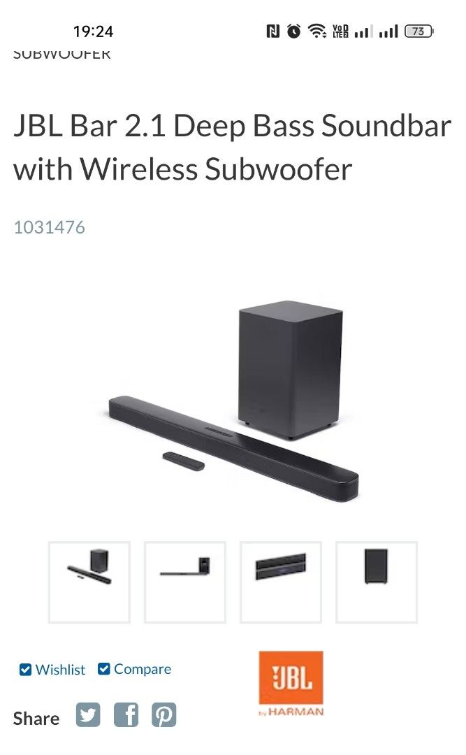 JBL sound bar 2.1 and wireless subwoofer, Audio, Soundbars, Speakers