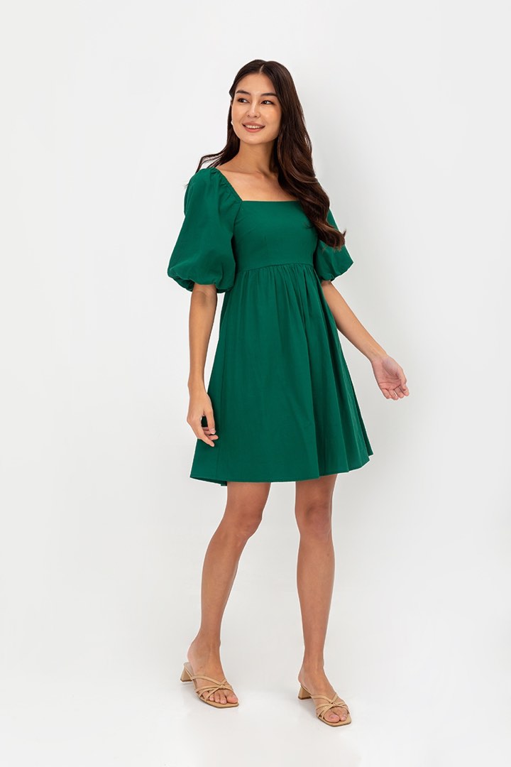 ROSE PATTERN FRONT TIE PUFF SLEEVE DENIM MINI DRESS