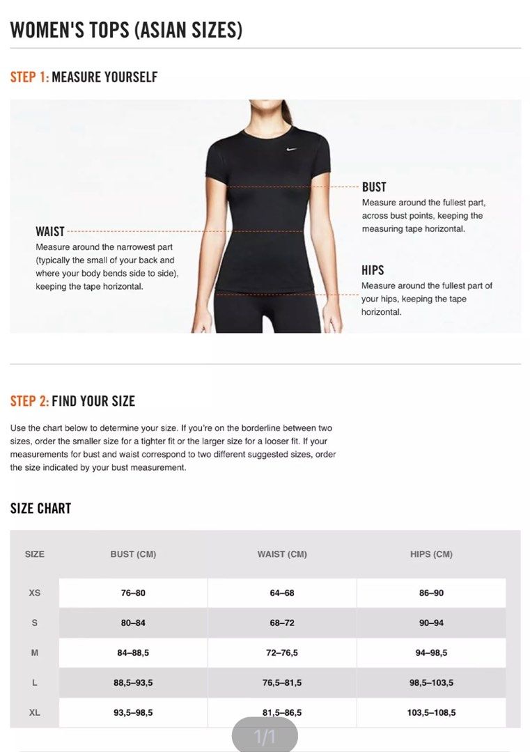 Nike women's t shirt size chart sale