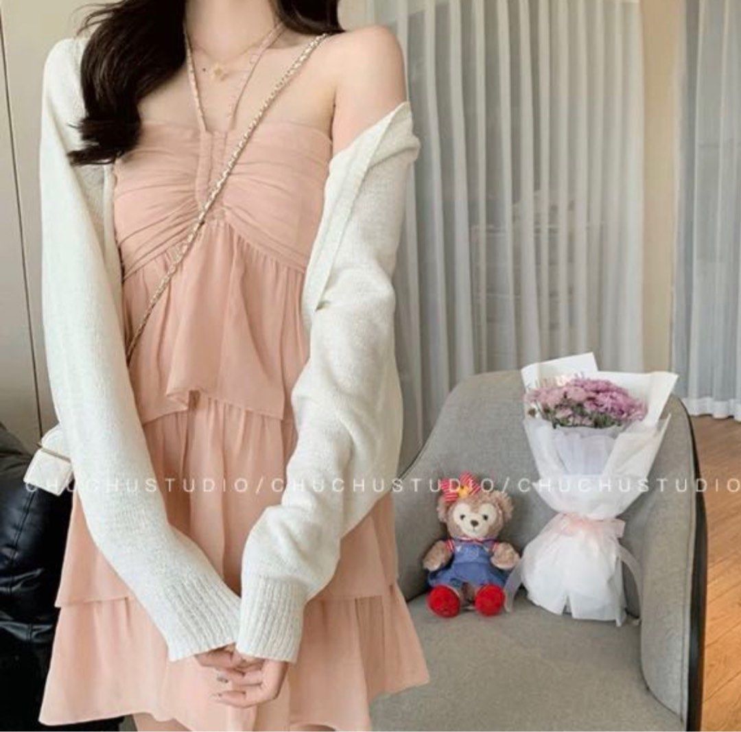 pink ruffled korean ulzzang cute taobao douyin off shoulder dress