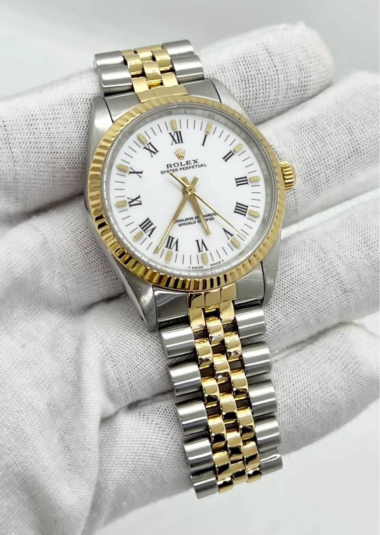 1991 Rolex Oyster Perpetual White Roman 18ct Gold Fluted Bezel Jubilee