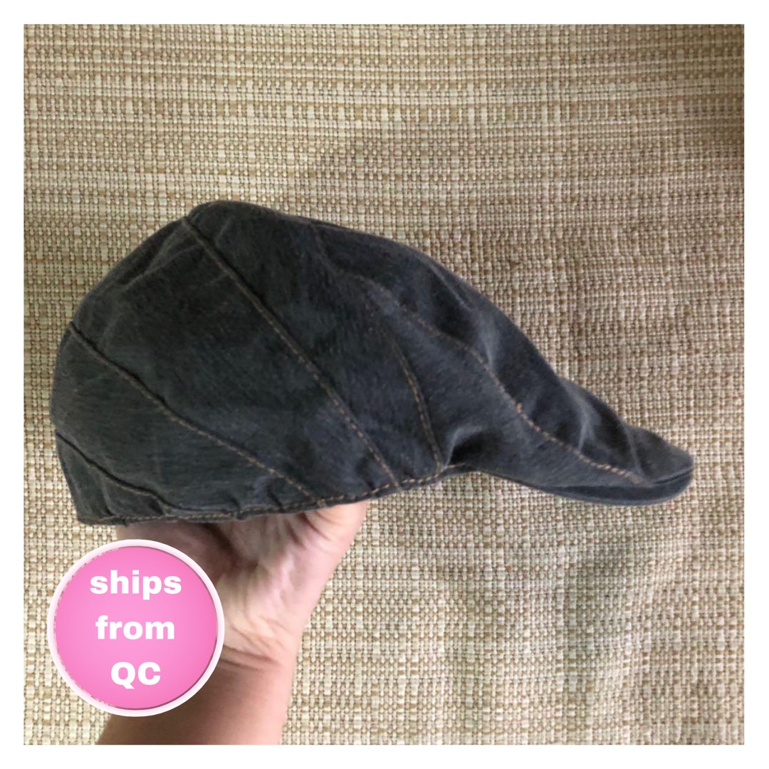 Grey Golf Flat Cap Hat w Contrast Stitch Details & Denim Fabric