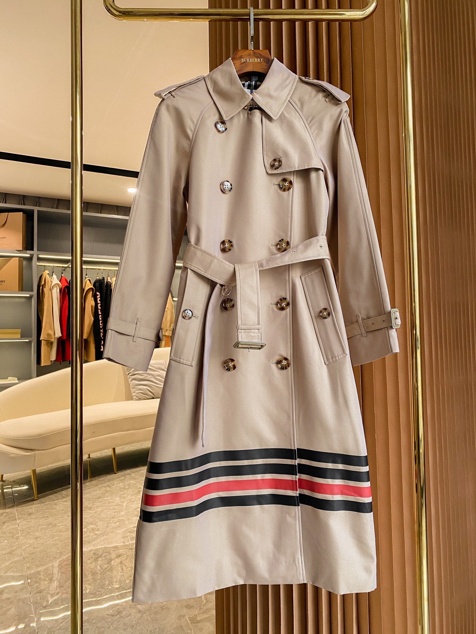 Collegiate stripe cotton gabardine cheap trench coat