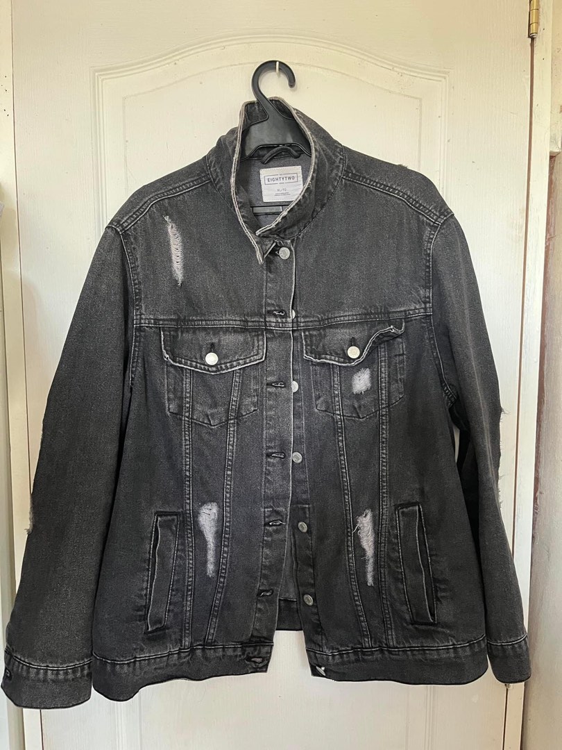 Black Acid Washed Denim Jacket, Men's Fashion, Coats, Jackets and