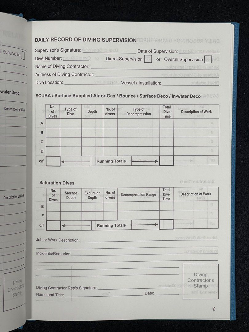 Commercial diver log book diving scuba surface supply ss511 adas IMCA
