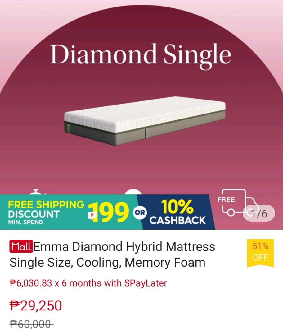Emma Mattress Diamond Hybrid Single, Furniture & Home Living, Furniture