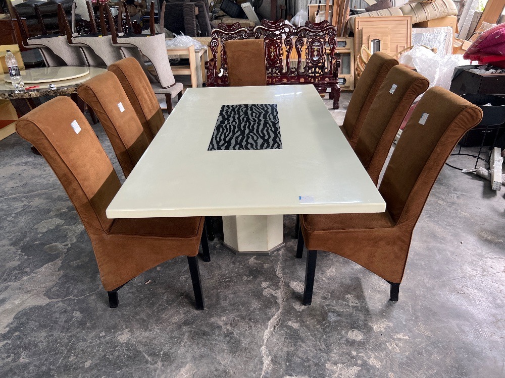 (F20047535) White Marble Top 8Seater Dining Table Set with 7 Fabric