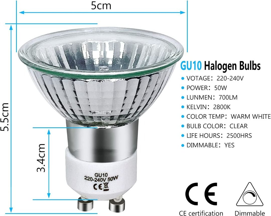 GU10 Halogen Bulbs 50W Dimmable, 220V GU10 Halogen Spotlight Bulbs  Pin，2800K Warm Withe,700 Lumens，42° Beam Angle by Sarveeta, Furniture   Home Living, Lighting  Fans, Lighting on Carousell