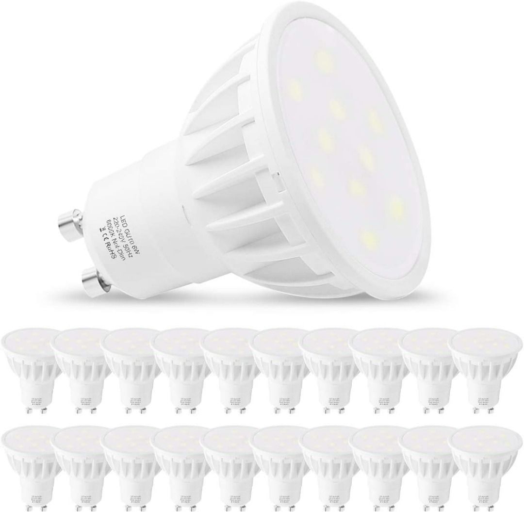 GU10 LED Bulbs, LEHASI Cool White 6000K LED Light Bulbs, 6W Equivalent to 50W Halogen Bulb, 230V, Non Dimmable, 120 Degree Beam Angle, Lighting for Bedrooms, Hallways, Furniture &
