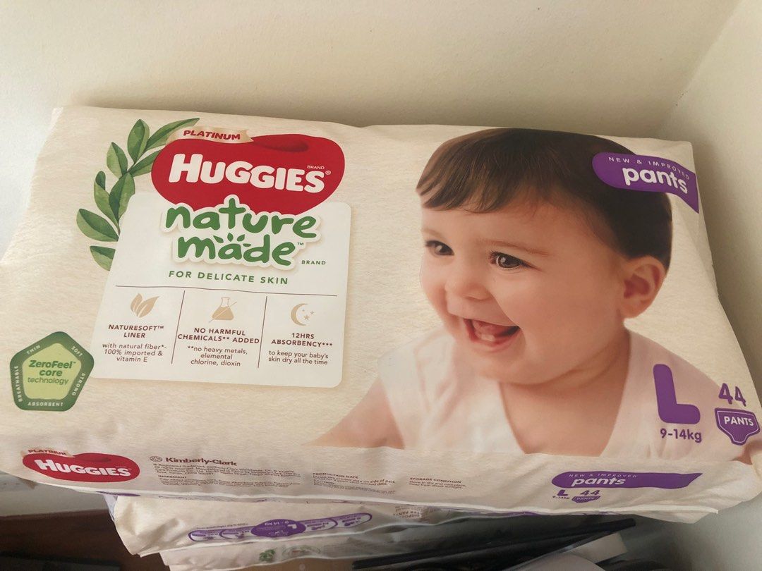 Huggies nature made pant style diapers L size 44 pieces, Babies