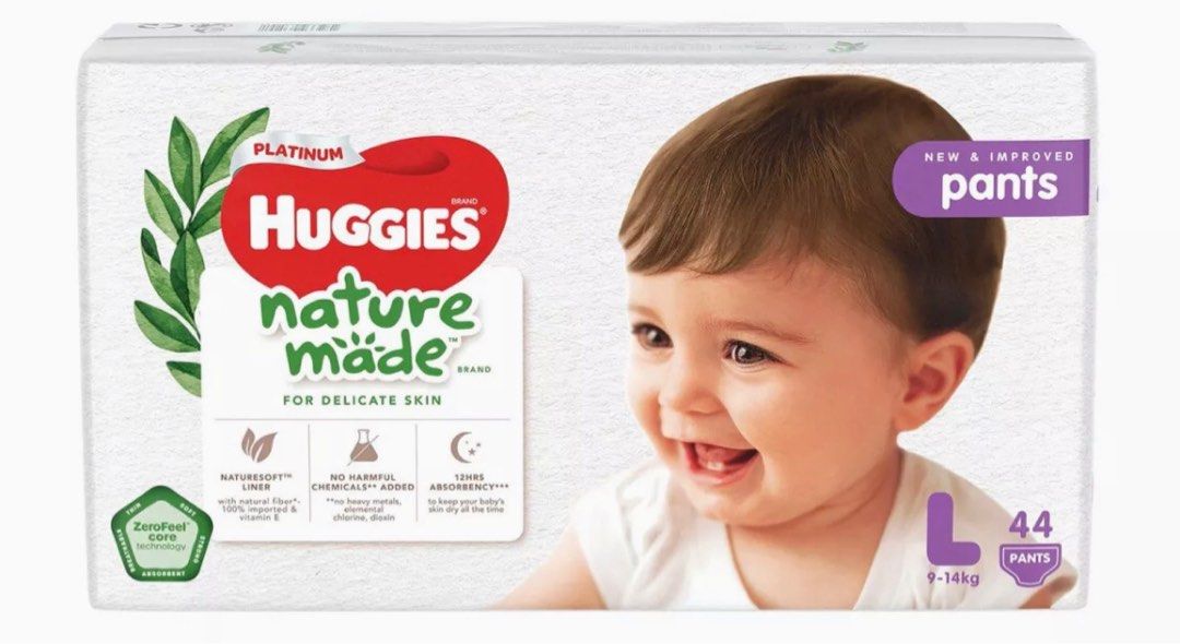 Huggies nature made pant style diapers L size 44 pieces, Babies