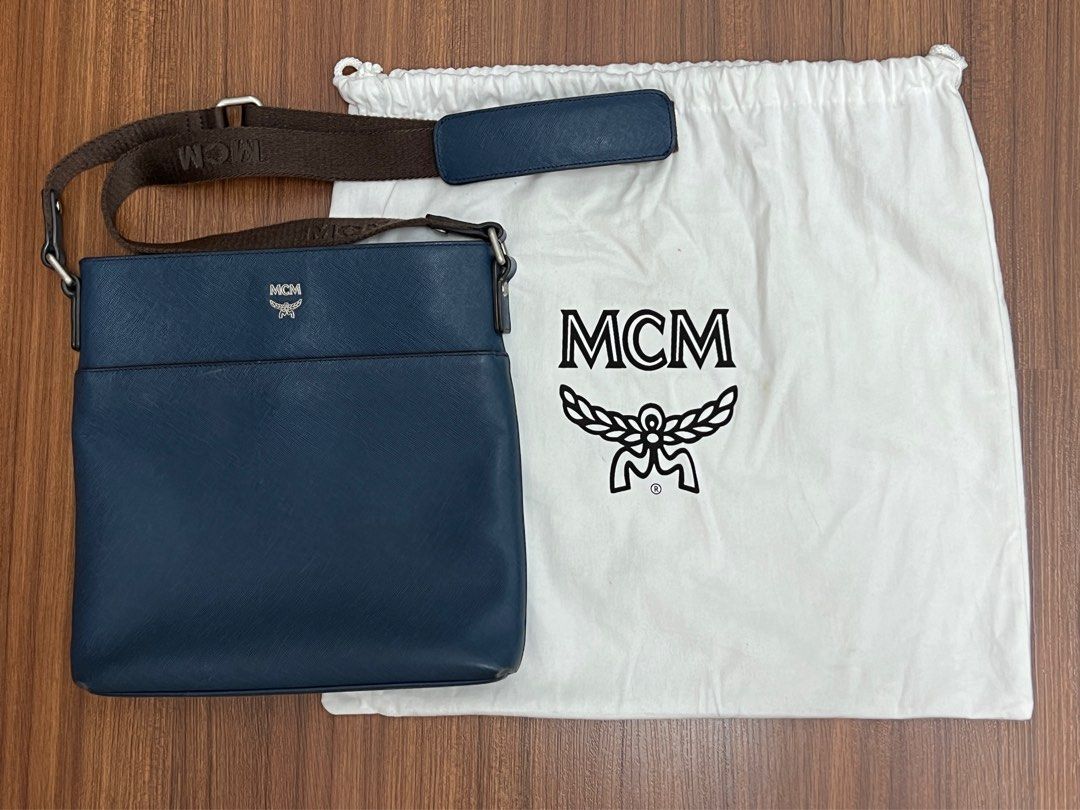 MCM Crossbody Satchel Blue and Brown Saffiano Leather Messenger