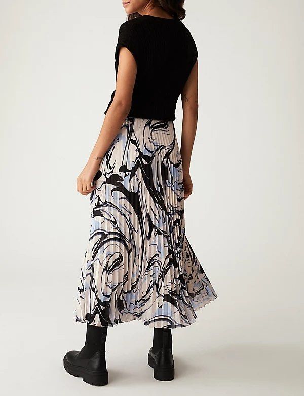 NEW M S COLLECTION Marble Print Pleated Midaxi Skirt Marks Spencer