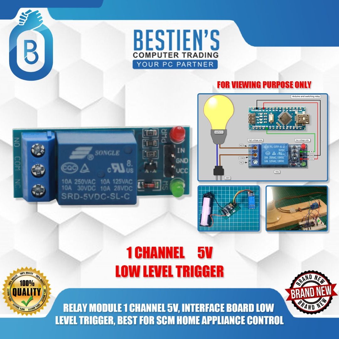 RELAY MODULE 1 CHANNEL 5V, INTERFACE BOARD LOW LEVEL TRIGGER, BEST FOR SCM HOME APPLIANCE CONTROL (Category: Other Accessories) located in Quezon City. Submitted by besteinpc (Listing ID 1203268946, Image 1). Description: RELAY MODULE 1 CHANNEL 5V, INTERFACE BOARD LOW LEVEL TRIGGER, BEST FOR SCM HOME APPLIANCE CONTROL FEATURES: 👉Input voltage: 5V 👉Relay contact maximum: 250V AC 10A or 30VDC 10A 👉Connection: IN-Signal, GND-5V(-), VCC-5V(+) 👉1-