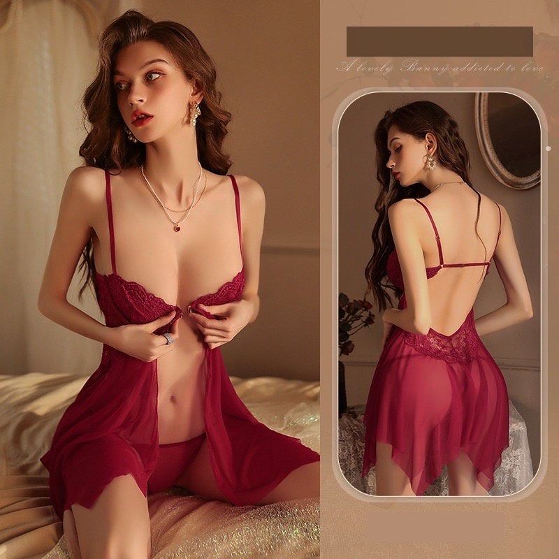 Sexy pajamas women Sexy Lingerie sleep wear side slits deep V open back fun  allure Lace sexy suspender nightdress underwear