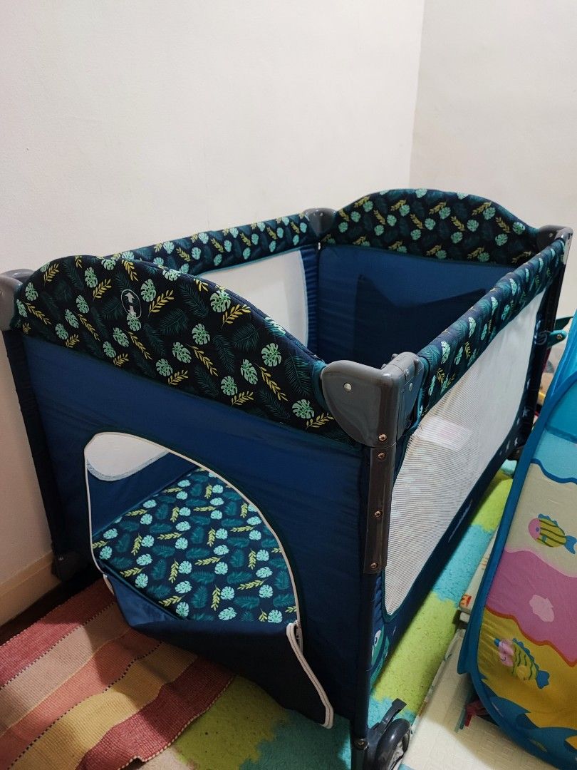 With Original Box Happy Dino Blue Green White Baby cot bed with bassinet bedside crib play pen play yardfor infants toddlers children kids