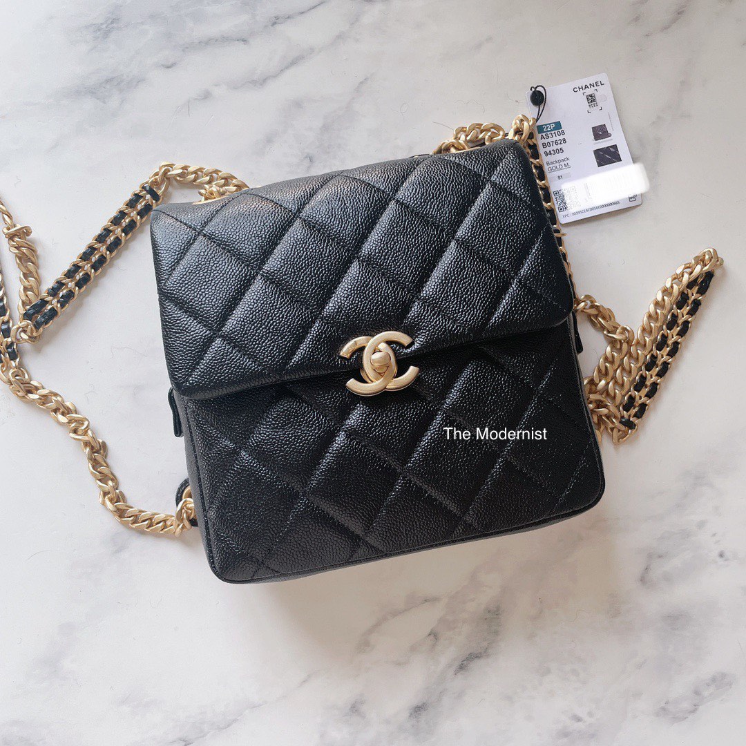 Authentic Chanel 22P Black Caviar Backpack Melody Chain, Luxury
