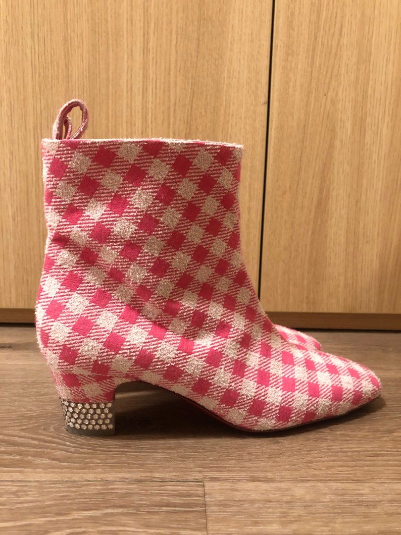 Christian Louboutin red bottom pink checked 80s vintage booties low boots calf leather kitten heels strass Christmas party