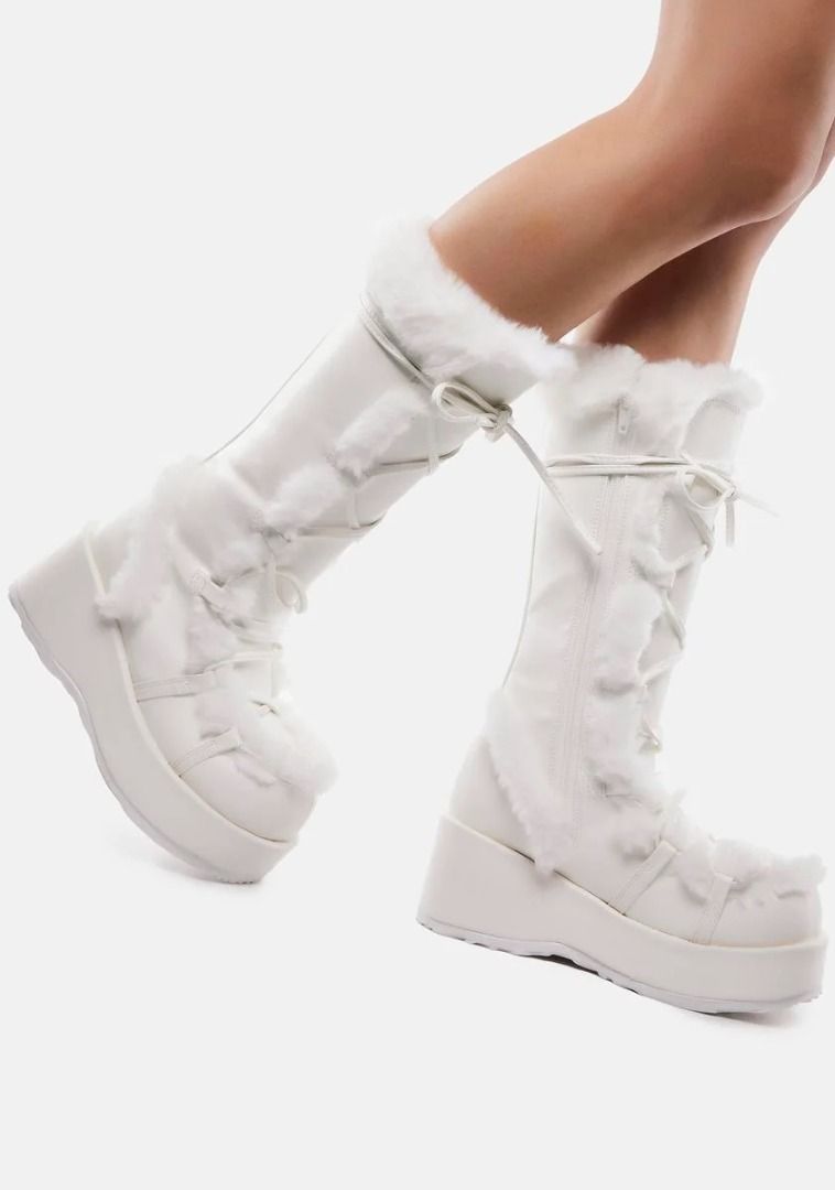 Demonia white fluffy boots best sale