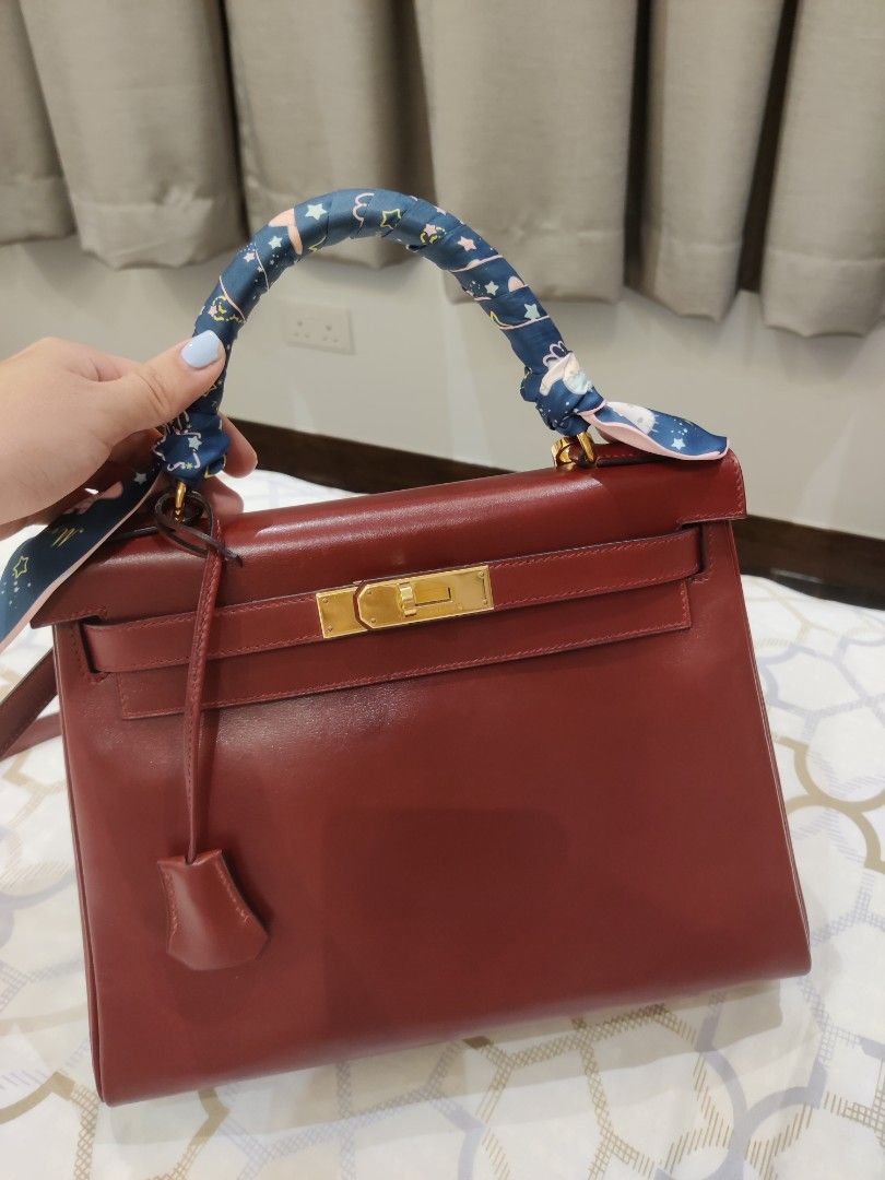Hermes Kelly 28 Outer-Sewn Crinolan Box Calf Rouge Ash Gold Metal Fittings 〇K Stamped Vintage Handbag 0457