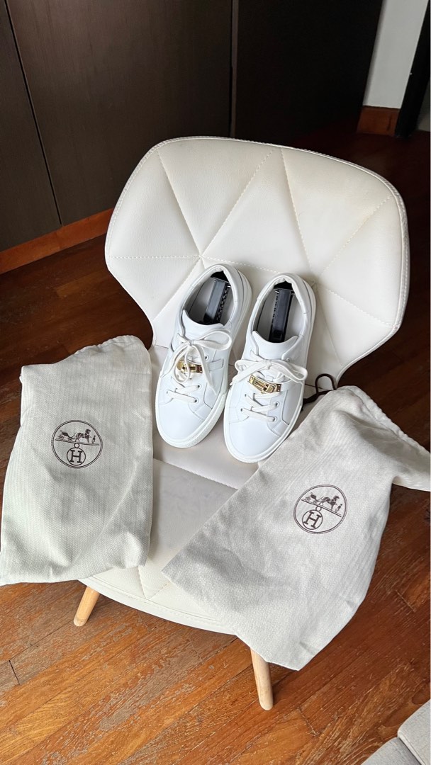 HERMES Day leather Kelly Buckle Low Cut sneakers Shoes shoes white 36 1/2
