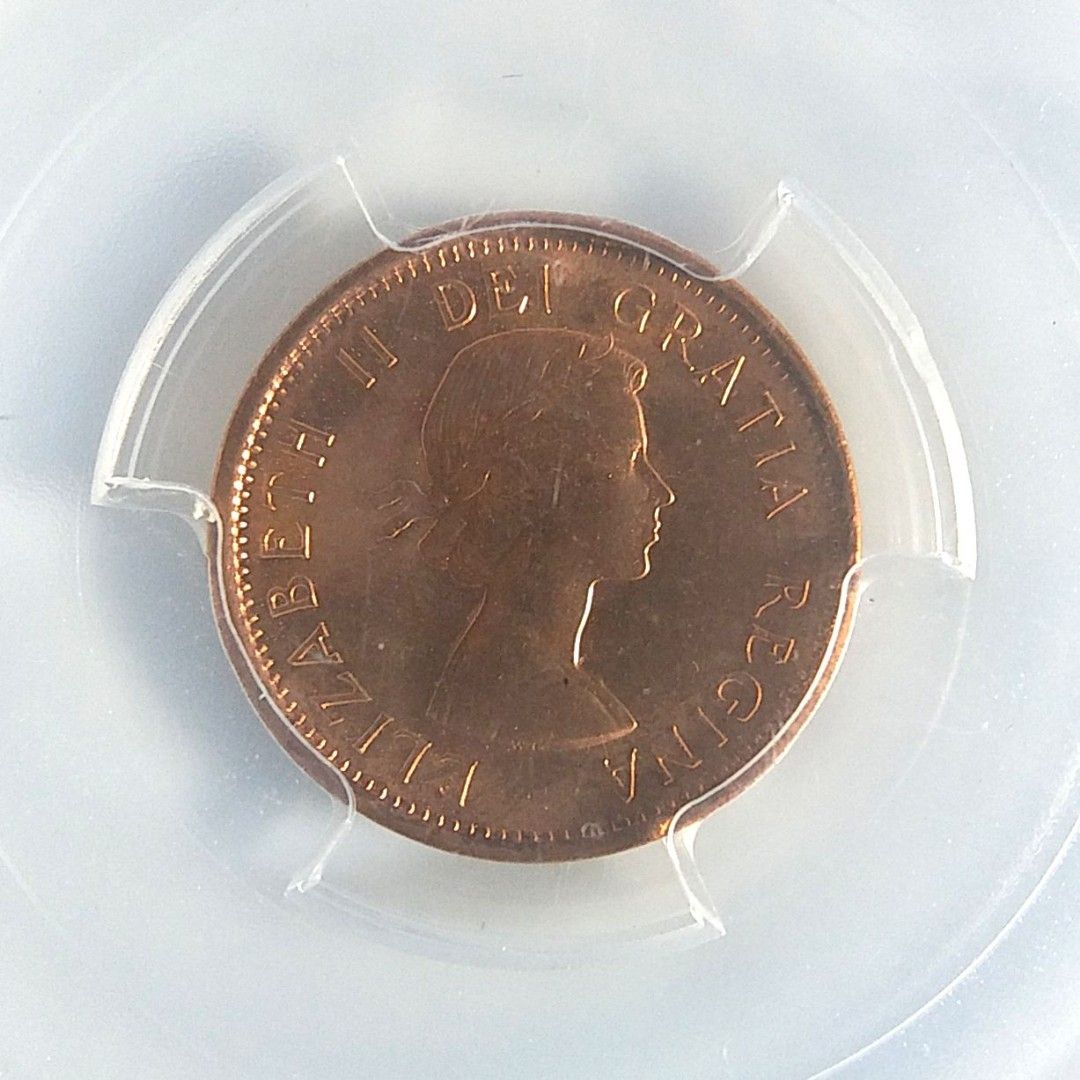 PCGS評分幣: 加拿大錢幣> 1957 Canada QEII 1¢ (cent) Bronze Coin (PCGS-MS65RD),  興趣及遊戲, 收藏品及紀念品, 錢幣- Carousell