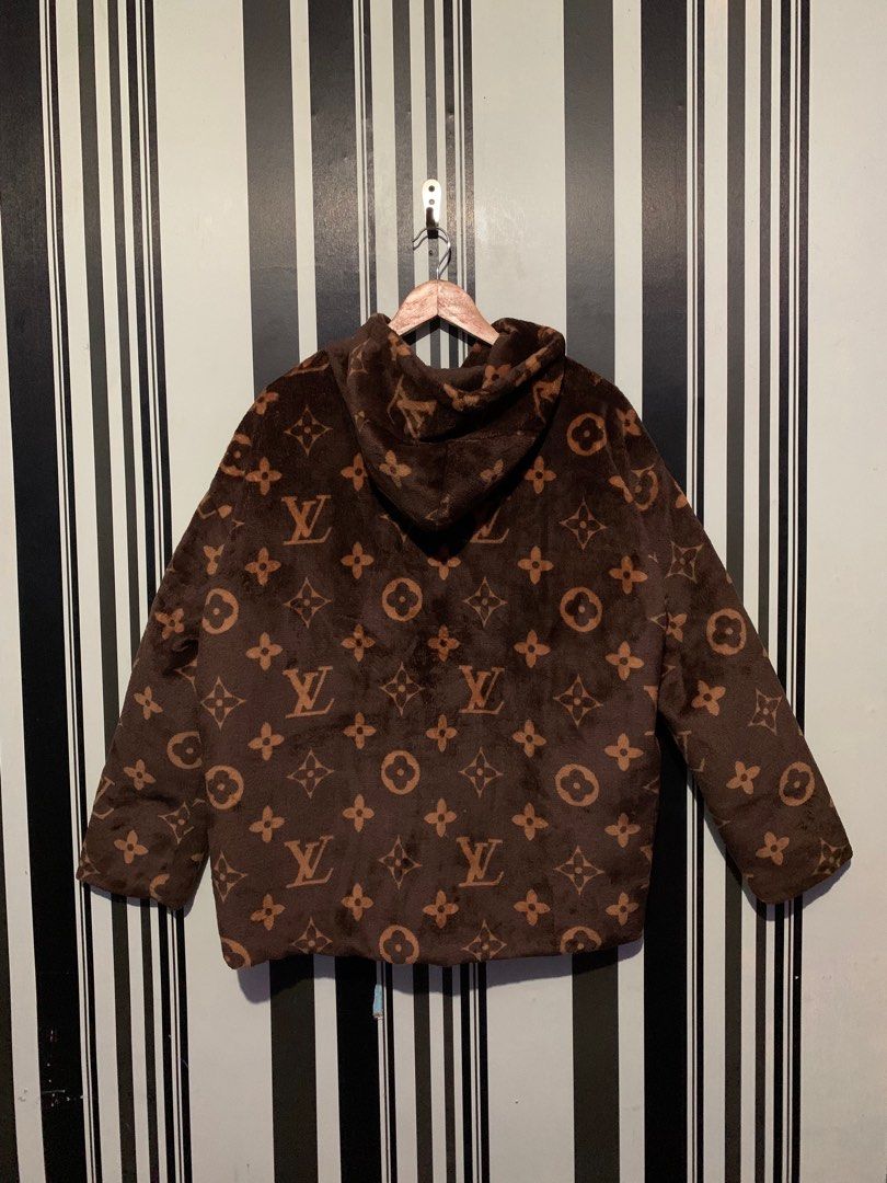 LOUIS VUITTON Damier pattern hoodie zip-up jacket LV logo black L size used  #