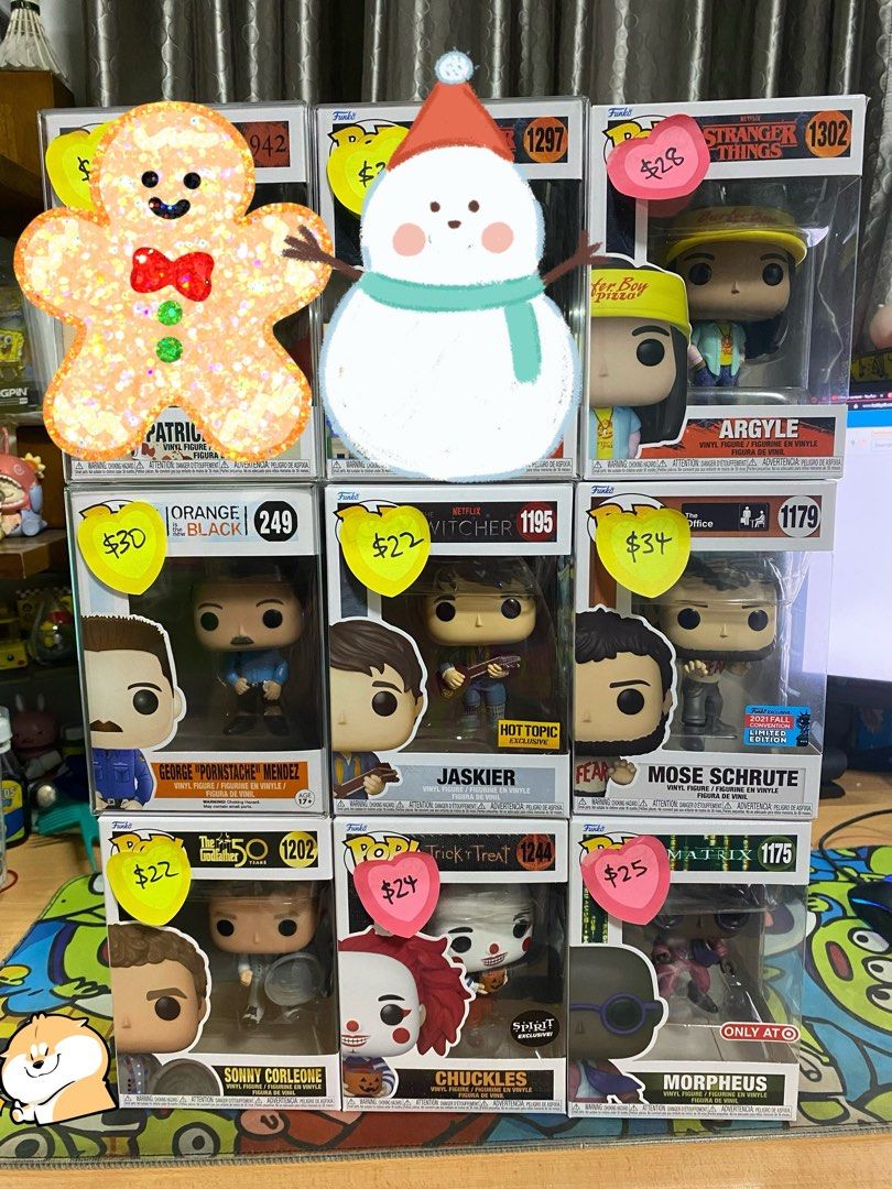 Movies TV Funko Pops Stranger Things Argyle Orange is the new black George Pornstache The Witcher Jaskier The Office Mose Schrute