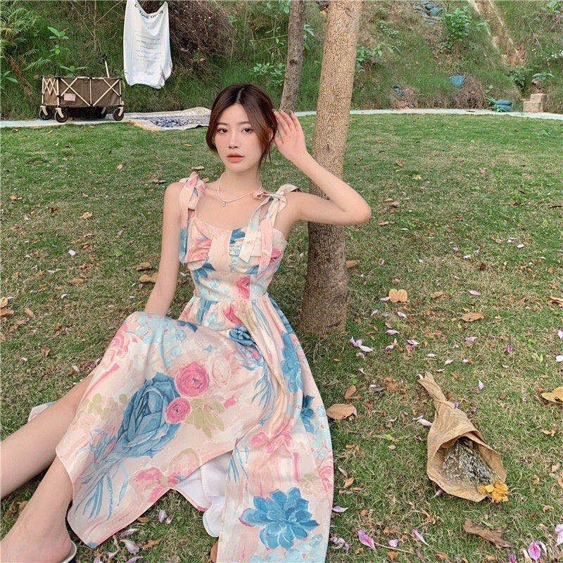 Pastel pink floral long dress summer beach